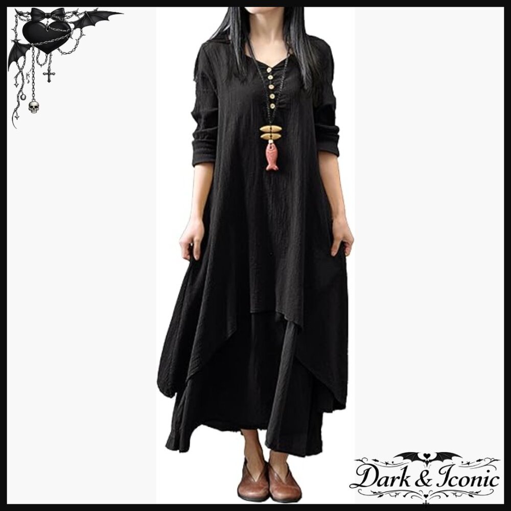 Long Sleeve Maxi Dress Casual Loose Fit Rayon Cotton V-Neck Button
